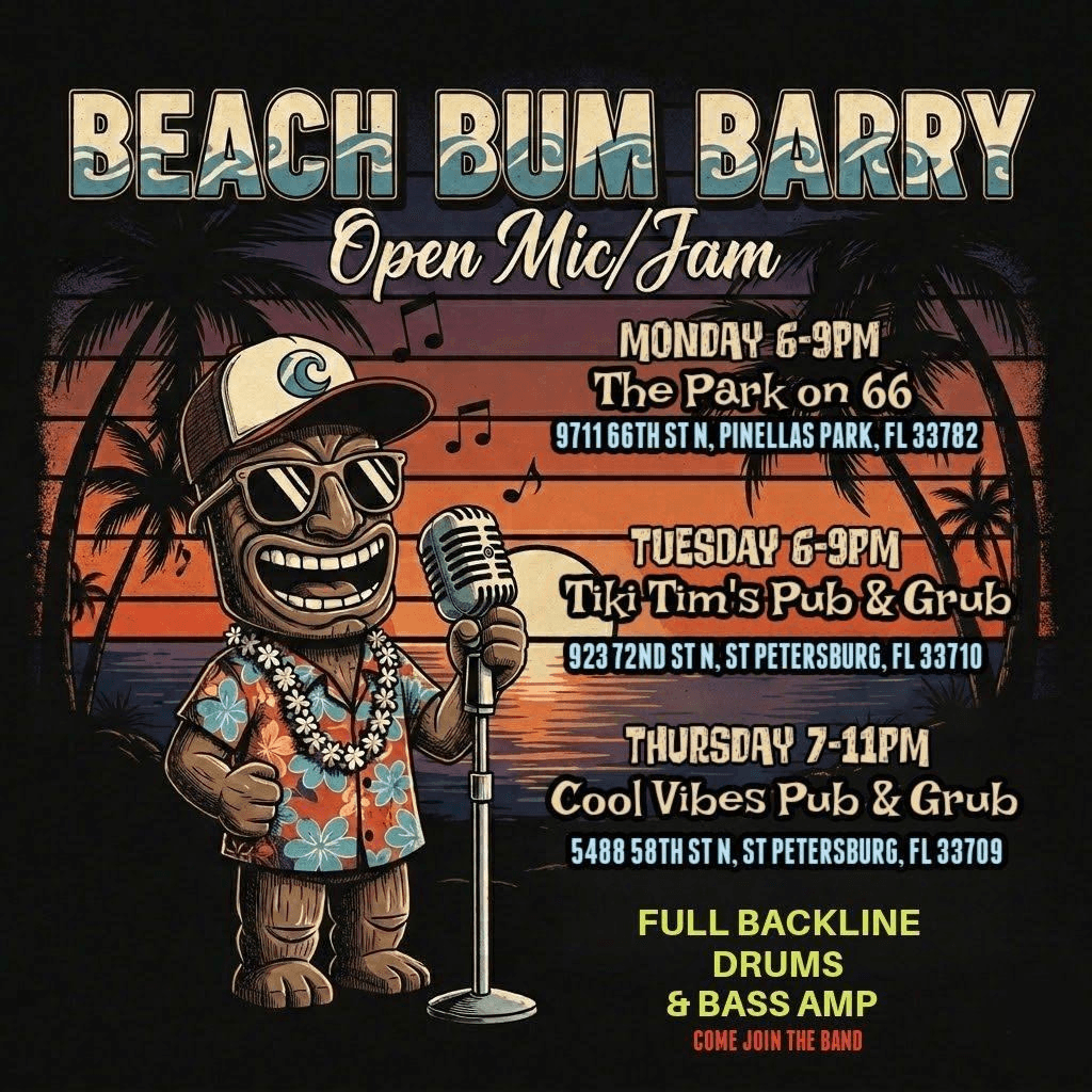 Flyer for Beach Bum Barry Open Mic Jams