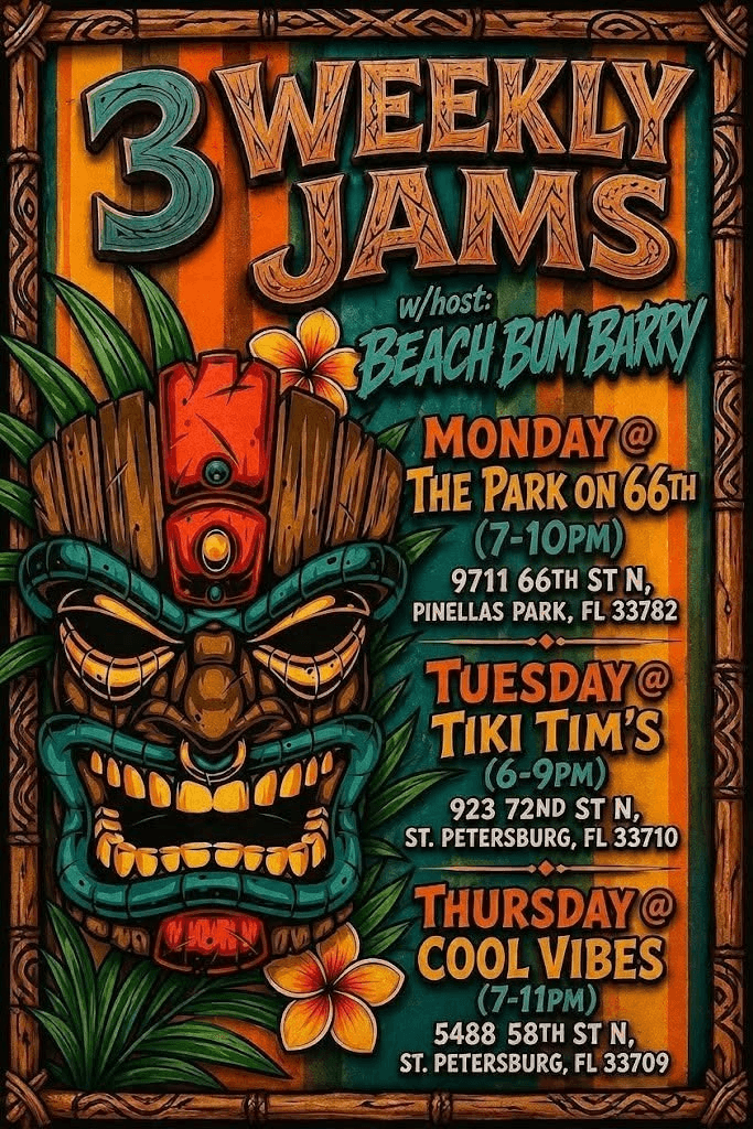 Flyer for Beach Bum Barry Open Mic Jams